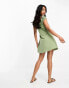 ASOS DESIGN cap sleeve ruched mini dress with tie detail in khaki