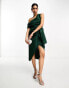 ASOS DESIGN fallen shoulder manipulated tuck bodycon midi dress in forest green