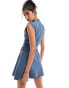 ASOS DESIGN bengaline high neck sleeveless mini dress with ruching detail in denim blue