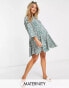 Glamorous Maternity tie neck tiered smock mini dress in teal leopard