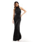 Flounce London high neck maxi satin column dress in black