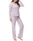 Women's Long Sleeve Notch Collar Top with Lounge Pants 2 Piece Pajama Set