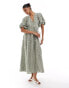 & Other Stories maxi dress with volume sleeves in light khaki 3D flower jacquard