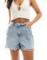 Pieces frayed bottom denim shorts in light blue