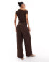 ASOS DESIGN 2 in 1 asymmetric neckline textured jumpsuit in chocolate