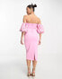 ASOS DESIGN Petite bardot puff sleeve midi dress with floral sequin embellishment in pink