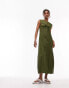 Topshop twist front textured jersey column midi dress in khaki