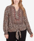 Plus Size Split Neck Embellished Animal Placement Print Tie Front Top