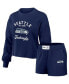 Women's Navy Distressed Seattle Seahawks Waffle Knit Long Sleeve T-shirt and Shorts Lounge Set