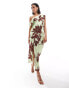 ASOS DESIGN satin off shoulder draped midi dress with split in lime floral print