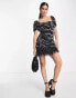 Miss selfridge Premium embellished animal print mini dress with faux feather trim in black - BLACK