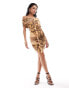 ASOS DESIGN bardot ruffle front mini dress in brown animal print