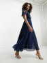 ASOS DESIGN Tall pleated dobby cowl front embroidered midi dress in navy