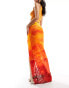 Farai London Carina mesh thigh split button through maxi skirt in orange ombre