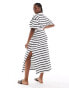 ASOS DESIGN Curve crew neck midi t shirt dress with ruched side in black and white stripe