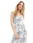 Kiss The Sky bust detail chintz floral print maxi dress in blue and white