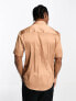 ASOS DESIGN skinny satin shirt with roll sleeve in bronze