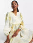 Edited cotton wrap smock dress with balloon sleeve in yellow tie dye