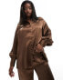 In The Style long sleeve satin shirt co-ord in chocolate