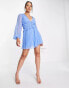 ASOS DESIGN Tall button through ruched waist pleated mini dress in metallic dobby in cornflower blue