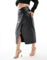 River Island Plus faux leather wrap skirt with gold trim in black