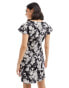 ASOS DESIGN v neck flutter sleeve mini tea dress in mono blurred floral print