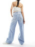 Stradivarius pleat front wide leg jean in light wash blue