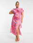 ASOS DESIGN Curve ruched side button cap sleeve satin maxi dress in pink based floral print