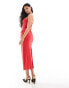 Kaiia linen look tailored fold over bandeau pocket detail maxi dress in red