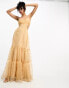 ASOS DESIGN embroidered ruched voile cut out tiered maxi dress in gold