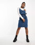 DTT denim buckle strap midi dress with tie waist in mid blue