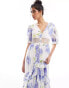 ASOS DESIGN lace cut out dress button through ruffle hem midi dress in blue and white floral