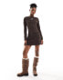 COLLUSION slash neck long sleeve crinkle mini dress in brown