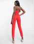 ASOS DESIGN scuba plunge bandeau jumpsuit with bow detail in red