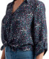 Juniors' Printed Button-Front Tie-Hem Roll-Tab-Sleeve Top