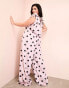 ASOS LUXE Curve satin corsage plunge neck wide leg jumpsuit in spot print