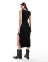 ONLY side split ribbed maxi dress with hood in black