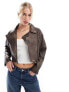 Stradivarius STR real leather biker jacket in vintage brown