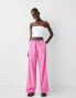 Bershka tie waist wide leg linen trousers in bright pink