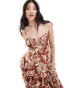 Pretty Lavish shirred bust tiered ruffle maxi dress in brown floral