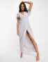 TFNC Bridesmaid chiffon wrap front maxi dress with flutter sleeve in grey