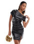 Simmi leather look ruched off shoulder bodycon side split mini dress in black