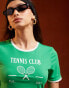 Pieces Sport Core 'Tennis Club' cropped t-shirt with contrast trim in green and white