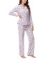 Women's Long Sleeve Notch Collar Top with Lounge Pants 2 Piece Pajama Set