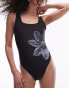 Topshop scoop swimsuit with floral print in black