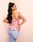 ASOS LUXE jacqaurd corset ruffle bandeau top in pink and red floral print