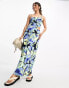 ASOS DESIGN asymetric strappy maxi dress with cut out side in blue floral print