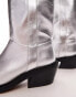 Topshop Rose premium leather western knee high boots in silver