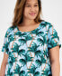 Plus Size Tropical Overlay Short-Sleeve Top, Created for Macy's