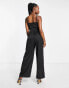 Little Mistress – Satin-Jumpsuit in Schwarz mit weitem Bein und Riemchen